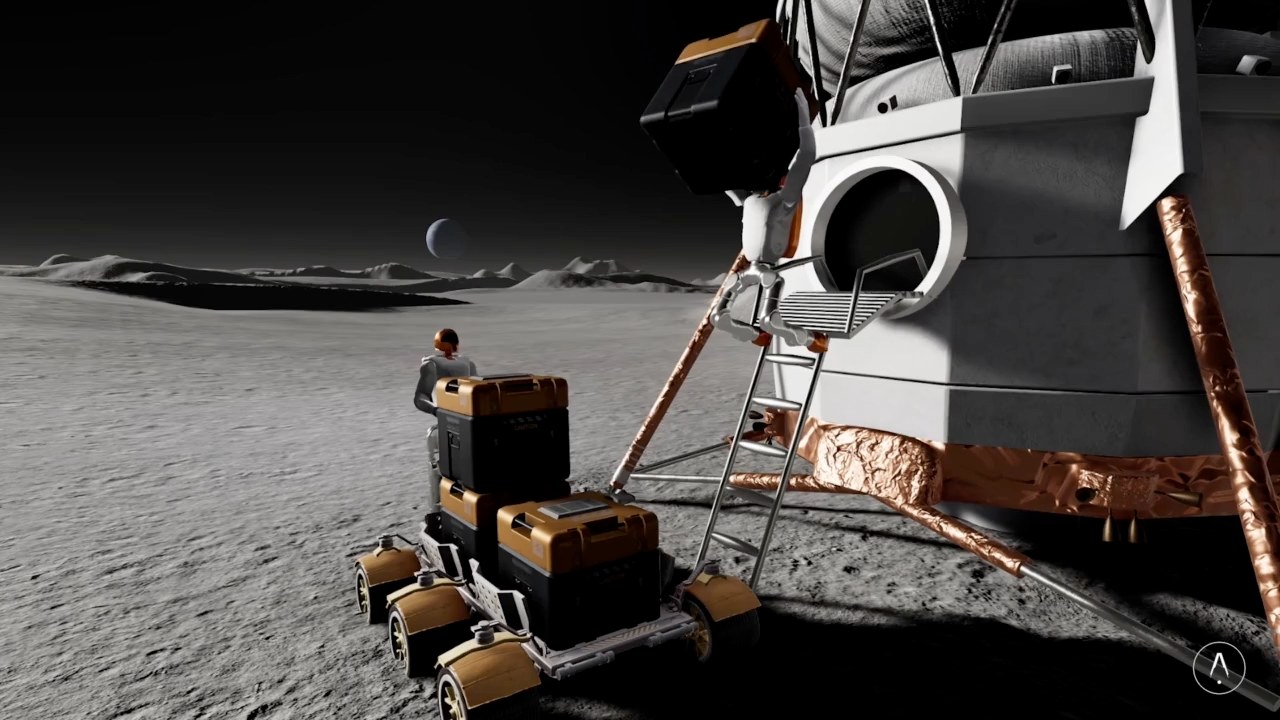 A robot beside a lunar lander in a Prefixa simulation