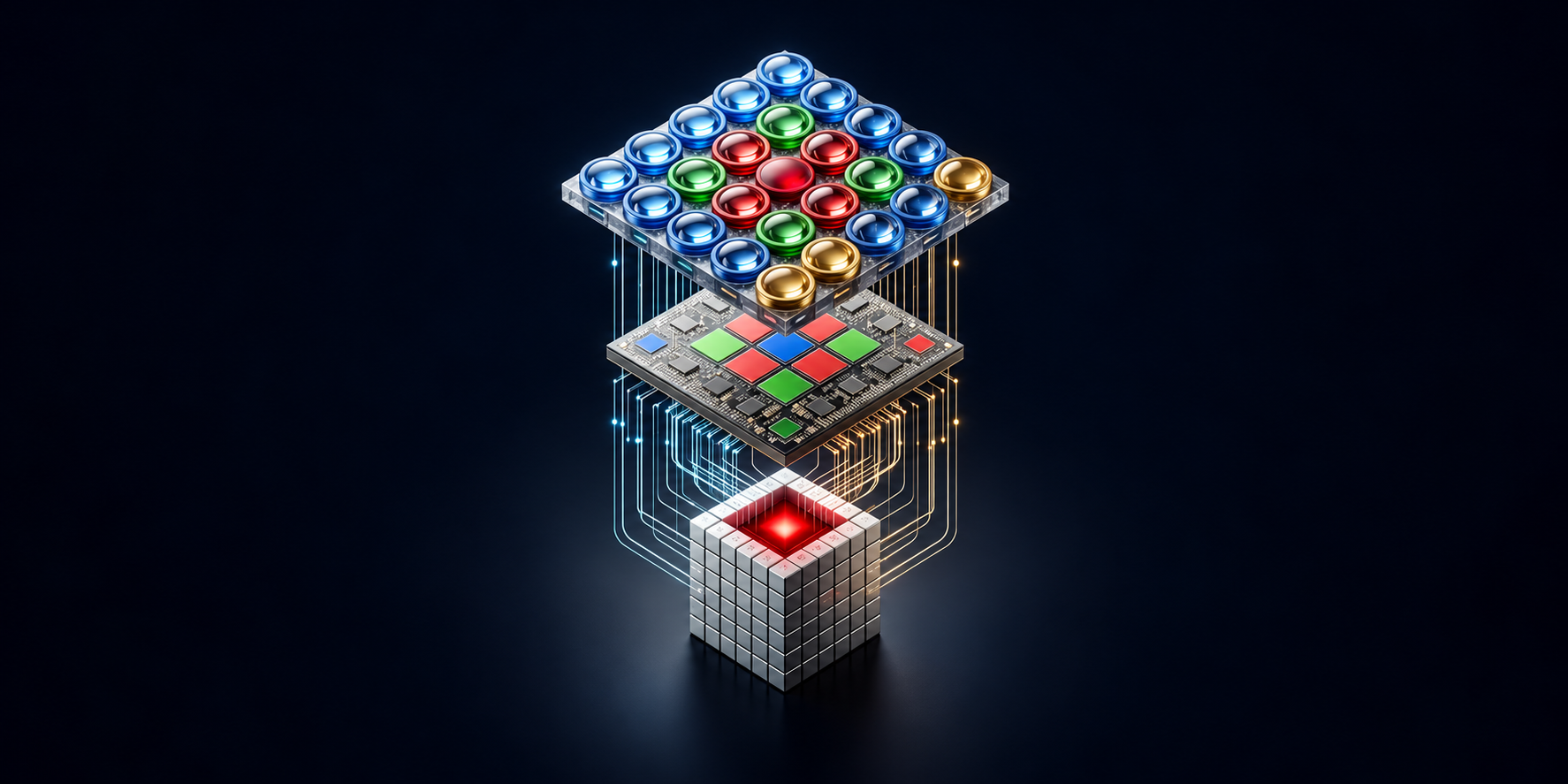 Concept illustration of a neuromorphic edge sensing array, showing a layered sensor array, processing board, and connected cube